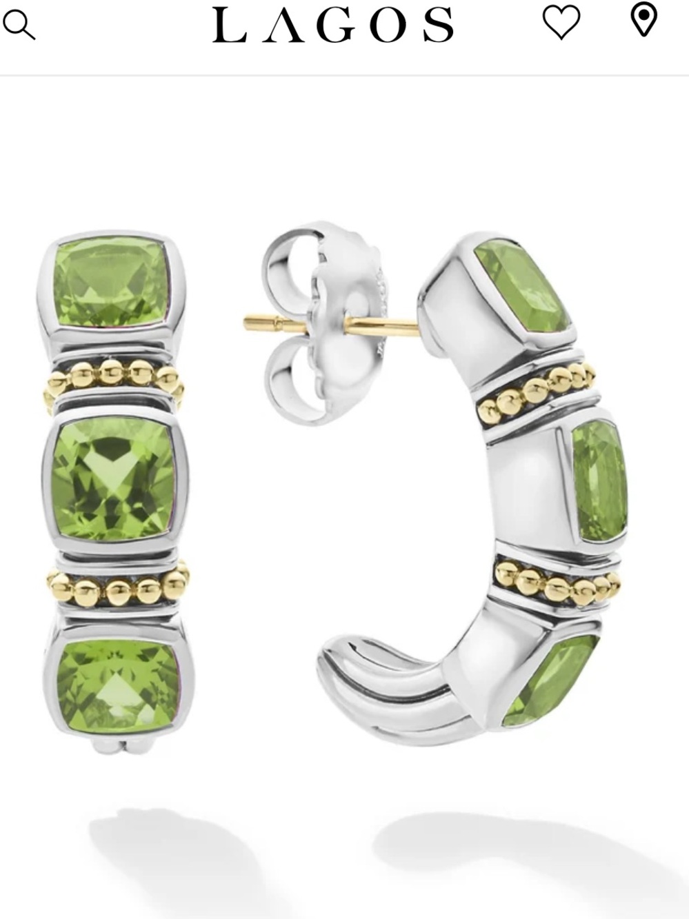 LAGOS Peridot J Hoop Earrings Sterling Silver 14k Gold NWT MSRP $1200
